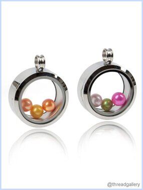 2PCS 30mm Floating Charm Locket Necklace 316L Stainless Steel Glass Pearl